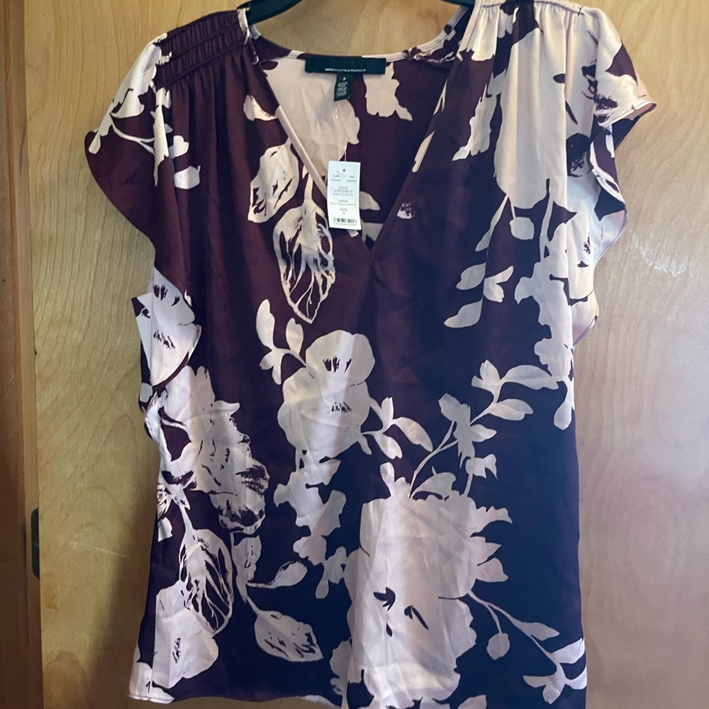 White House Black Market Burgundy and Cream Floral Blouse